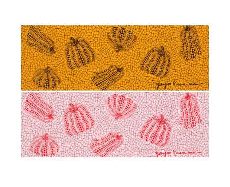  YAYOI KUSAMA (JAPANESE 1929-) PUMPKINS (RED/WHITE AND BLACK/YELLOW) Two screenprints on fabric, each signed in print (2) 30.