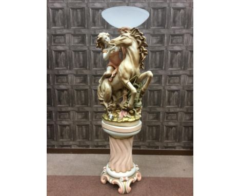 20TH CENTURY FLOOR STANDING LAMP, on pedestal, modelled as a female riding a horse, 186cm high overall