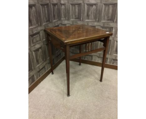 EARLY 20TH CENTURY ARTS &amp; CRAFTS ENVELOPE CARD TABLE, the hinged triangular top sections inlaid with a stylised floral mo