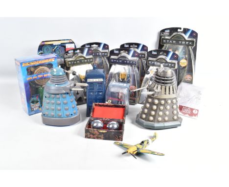 A QUANTITY OF COLLECTIBLE TV AND FILM FIGURES, to include six Star Trek figures, Spock, Cadet Chekov, Sulu, Kirk, Scotty, and