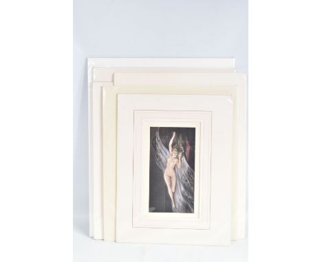 SIX CARD MOUNTED COLOUR PRINTS FROM VARIOUS ARTISTS, to include L.Falero unnamed print, depicting a nude reclining female, a 