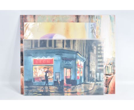 CHARLES ROWBOTHAM (BRITISH CONTEMPORARY) 'LATE AT LEON', hand enhanced print on canvas edition 28/195, 36cm x 50cm, signed to