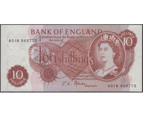 Bank of England, John S. Fforde, 10 Shillings, 15 February 1967, serial number A01N 869773, light handling at right, overall 