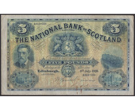 National Bank of Scotland Limited, £5, 8 July 1920, serial number A613-558, Samuel and one other manuscript signature, rust s