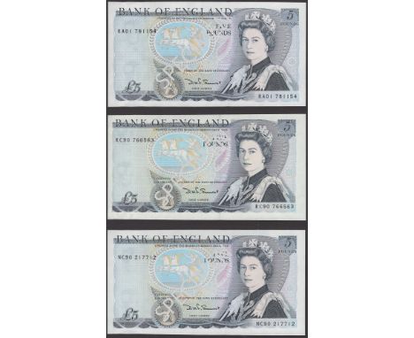 Bank of England, David H. F. Somerset, a trio of firsts and lasts comprising £5, 1980, serial number NC90 217712, and £5 (2),