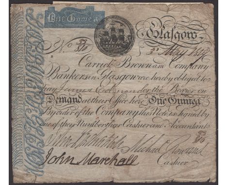 Ship Bank, Glasgow, for Carrick, Brown and Company, a contemporary forgery of a 1 Guinea, 3 May 1819, serial number 33/816, ‘