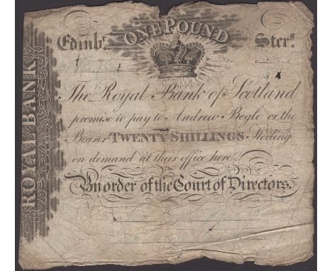 Royal Bank of Scotland, 20 Shillings or £1, 6 May 1824, serial number 792/615, two blue manuscript signatures, multiple pinho