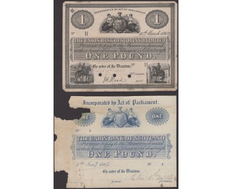 Union Bank of Scotland, proof £1 (2), 2 January 1865, blue print on paper, and 10 March 1903, black print on card, the first 