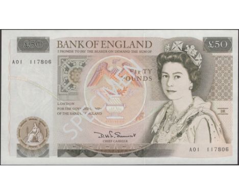 Bank of England, David H. F. Somerset, £50, 20 March 1981, serial number A01 117806, uncirculated, a scarce first run EPM B35