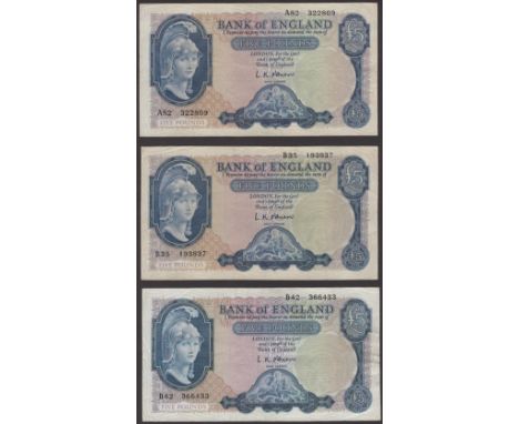 Bank of England, Leslie K. O’Brien, £5 (7), 21 February 1957, prefixes A82, B35, B42, C25, C81, C86 and D31, original very fi