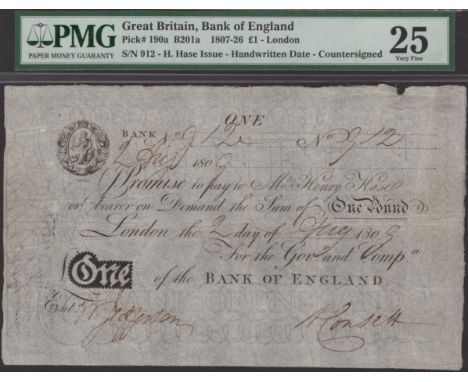 Bank of England, Henry Hase, £1, 2 August 1809, manuscript serial number 912, two manuscript signatures below, tear and annot