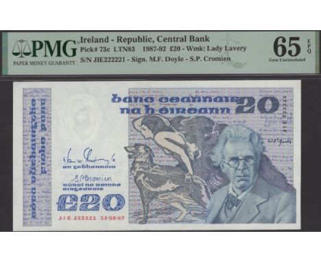 Central Bank of Ireland, £20, 12 August 1987, serial number JIE 222221, Doyle and Cromien signature, in PMG holder 65 EPQ, ge
