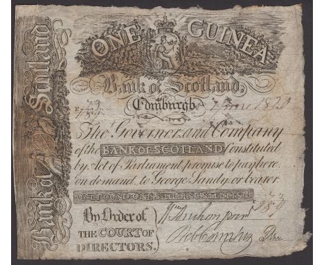 Bank of Scotland, a contemporary forgery of a 1 Guinea, 1 June 1820, serial number 73/189, with forged Congreve, toning in ar