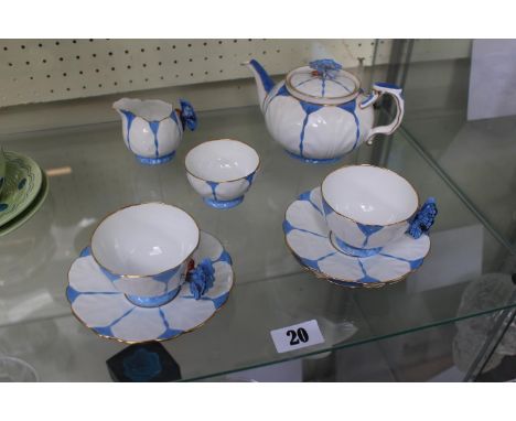 Aynsley Bone China Tea Set for 2 with stylised Blue butterfly handles, comprising of Teapot, Cream Jug, Sugar bowl and 2 cups