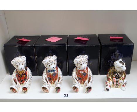 Collection of 4 Royal Crown Derby paperweights Bears to include Real Tie &amp; Debonair with Gold stoppers and boxes 