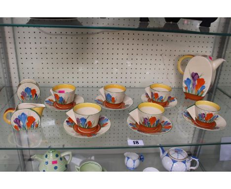 Art Deco Clarice Cliff Ceramic Crocus pattern Coffee set for 6 with Milk Jug, Sugar bowl and Coffee pot (missing lid) 