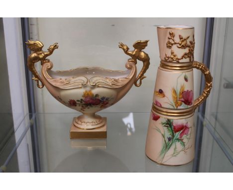 Royal Worcester Blush Ivory twin handled gilt dragon handles over floral decorated panel with pedestal base pattern 953 and a