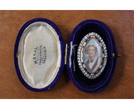 Good quality 19thC Oval Mourning brooch with inset White sapphires outside enamelled hand painted portrait mounted on Gold Ba
