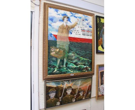 3 Oil on canvas Pictures by Douglas Edwards 'Waitin' for the Whistle', 'Titanic Spectre' and a Portrait 