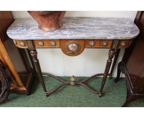 Marble topped console table on oak cruciform frame with applied ceramic plaques. 93cm in Width 