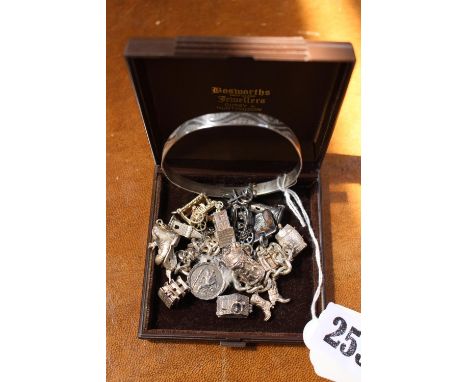 Ladies SIlver charm bracelet and assorted Silver Charms and a Silver engraved Bangle 80g total weight 