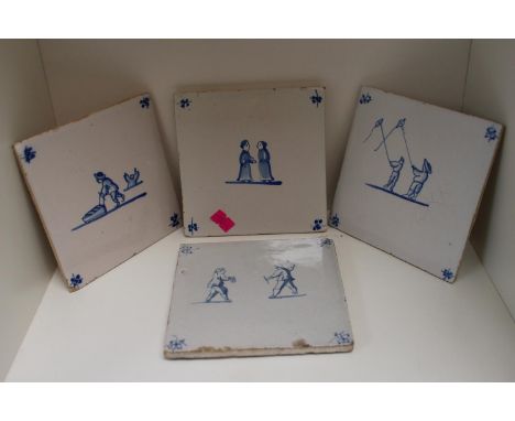 18thC Delft Tile and 3 other later Delft figural decorated Tiles 