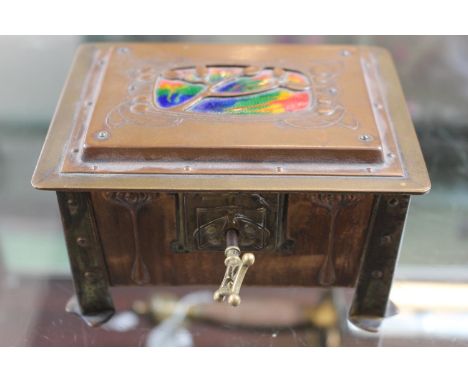 Art Nouveau Jugendstil enamel copper and brass lidded box C.1900 with original Cedar lining in the style of Liberty &amp; Co 