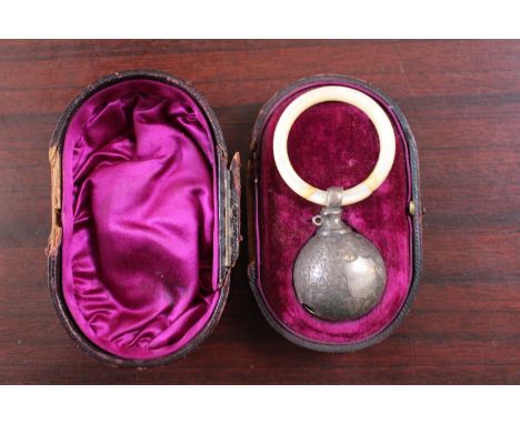 Victorian Silver engraved Spherical Babies rattle with Mother of Pearl Ring in fitted case 