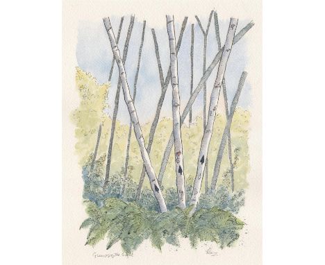 Three of Spades. Karen Marks. 'Glimpsing The Light', pen and wash on watercolour paper. Signed to the front, mounted. Artwork