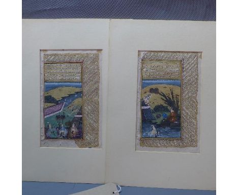Two double sided Mughal manuscript pages, one showing a hunting scene with text to verso, the other showing a fishing scene w