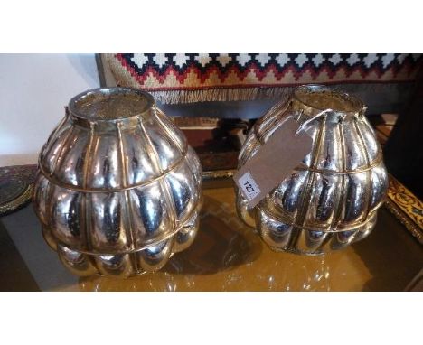 A pair of 20th century bulbous glass ceiling light shades, with silver coloured finish, H.30cm (2) 