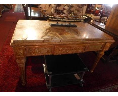 A Louis XV giltwood console table, with marble top, raised on reeded tapered legs, H.82 W.138 D.75cm 