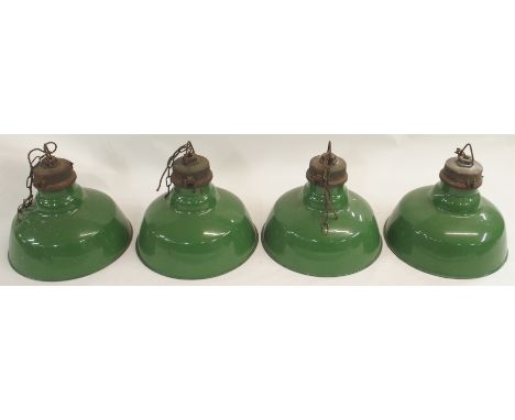 FOUR INDUSTRIAL LIGHTS with green enamel  shades, 46cm diameter (4) Condition Report: Available upon request