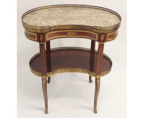 A LOUIS XV STYLE FRUITWOOD KIDNEY SHAPED SIDE TABLE the marble top with three-quarter brass gallery, above a drawer and shelf