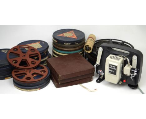 A boxed Zoom Master 200D 8mm film projector together with a collection of 8mm and 16mm films, many in film canisters.