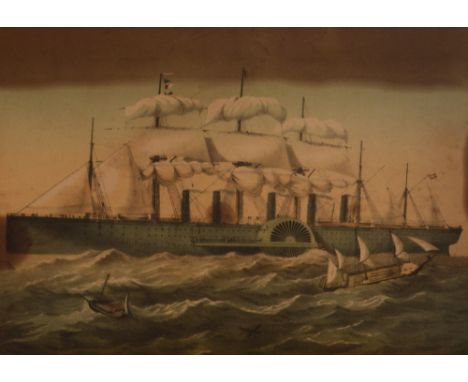 A print of the Great Eastern passenger ship, which was later used to lay cables across the Atlantic, the design is attributed