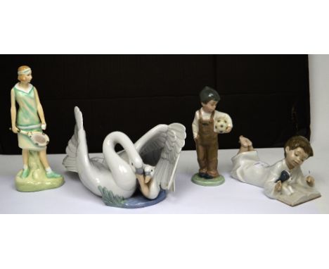 A Nao figure of a swan with cygnet, a further Nao figure of a boy in dungarees with football, and figure of boy with puppy re