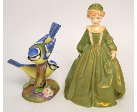 A Royal Worcester figure of blue tits and a Royal Worcester figure no.37081 'Grandmother's Dress' modelled by Freda Doughty, 