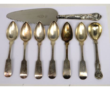 Six George III hallmarked silver teaspoons with fiddle backs, Leyland & Co, London 1799, a Victorian compote spoon, 1865 and 