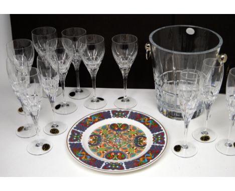 Two boxed sets of six French crystal champagne flutes, a boxed champagne bucket, together with a boxed Spode collectors' plat