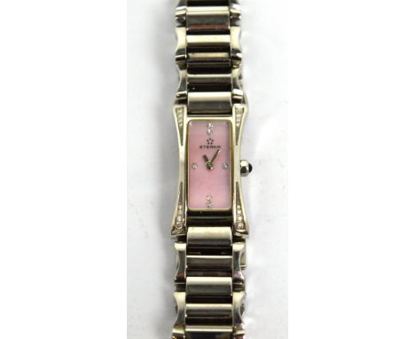 A ladies' stainless steel Eterna bracelet watch, diamond-set with rectangular pink mother of pearl dial with diamond baton nu