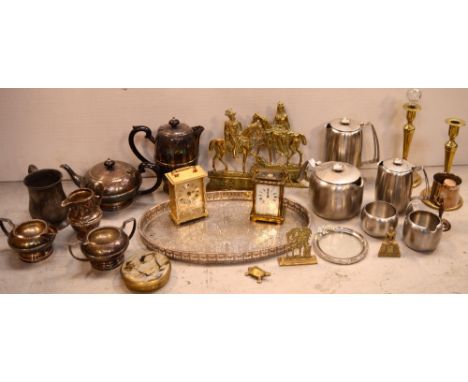 A quantity of metalware to include a 'Old Hall' stainless tea service, Alfred Taylor Tunbridge Wells brass carriage clock, th