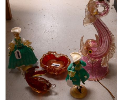 Five pieces of Murano glass to include a large fish converted into a lamp, height 34cm (af), two figures, a smaller fish and 