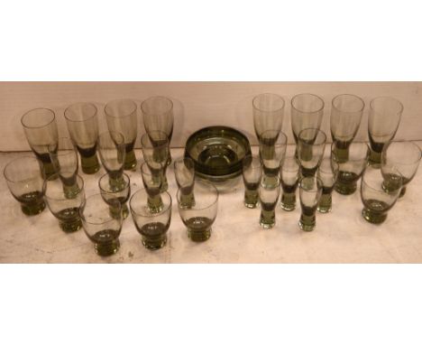 A quantity of Holmegaard smoked Canadian glass drinking glasses to include six two-ounce sherry glasses, six nine-ounce tumbl