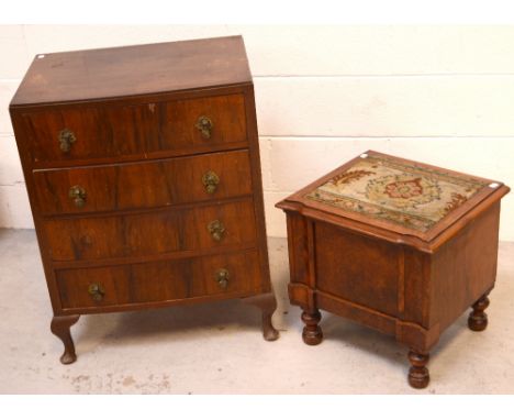 A Victorian bird's-eye walnut commode stool, approx height 45cm, together with a mahogany bow-front chest of four long drawer