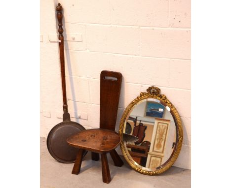 A Victorian bed warming pan, an oak high-back spinning stool and a gilt-framed oval mirror (3).