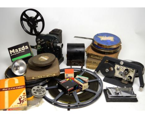 A Bolex Paillard 8mm projector a selection of 8mm and 16mm films, an Ensign Universal splicer etc.