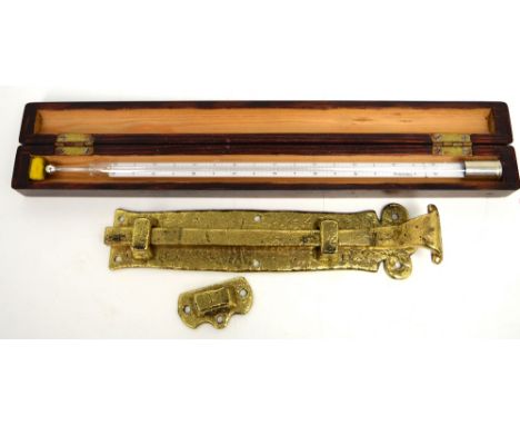 A brewing thermometer and a 19th century brass door latch (2).