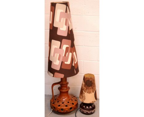 A 1970s West German floor lamp base with conical shade, height 135cm and a West German table lamp base, also with period coni