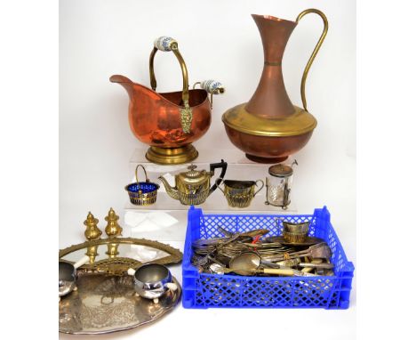 A quantity of silver-plated flatware, a coal scuttle with ceramic handles, additional silver plate, and metalware.